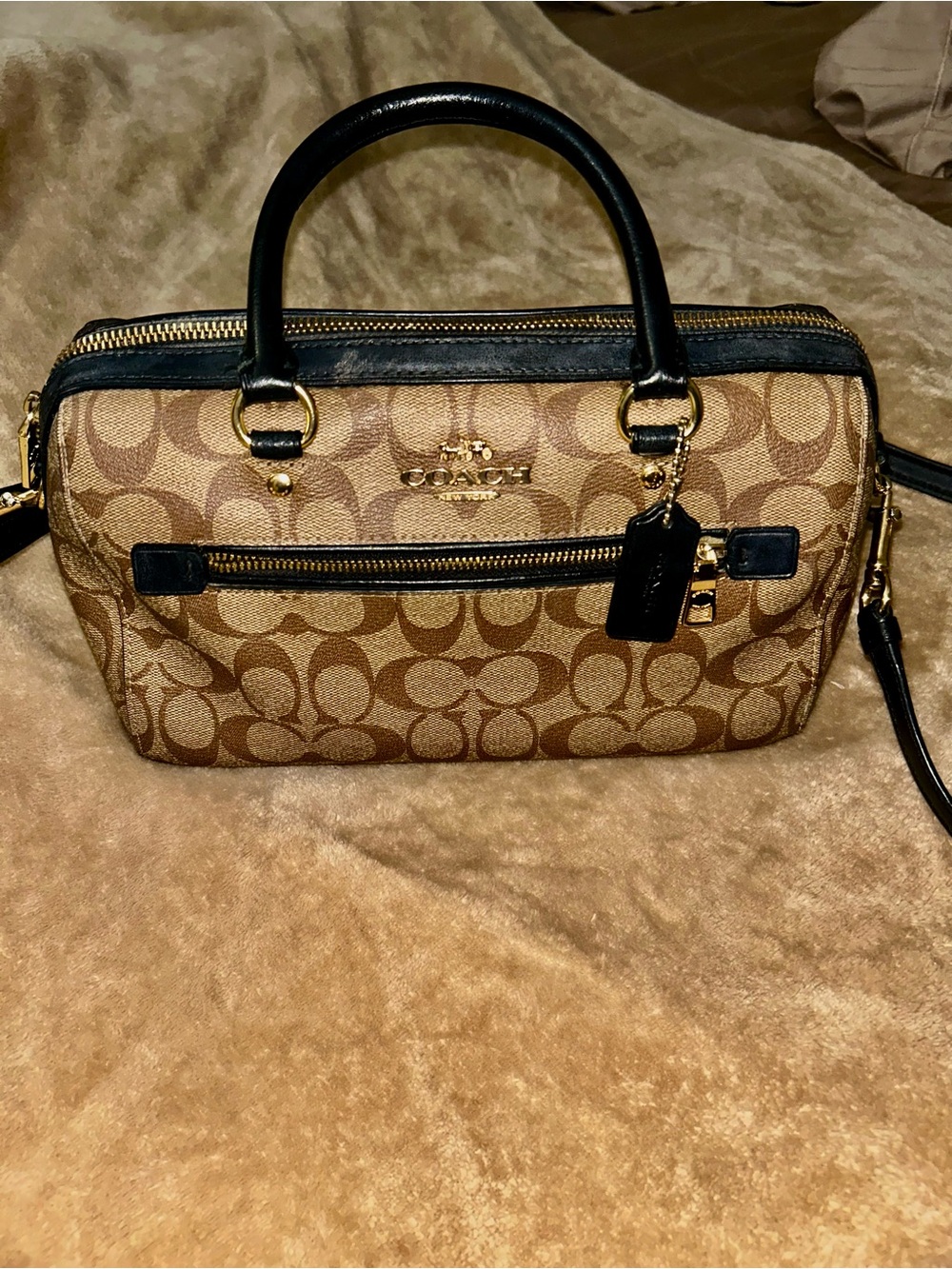 Coach Brown Signature Canvas Satchel with Black Trim